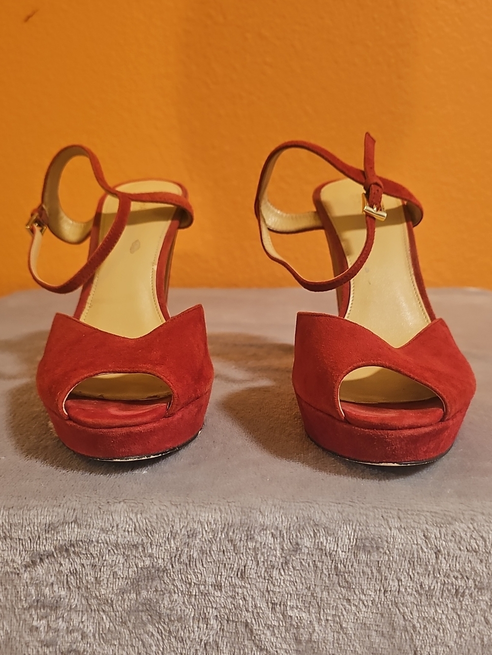Michael Kors Red Suede Platform Peep-Toe Ankle Strap Heels